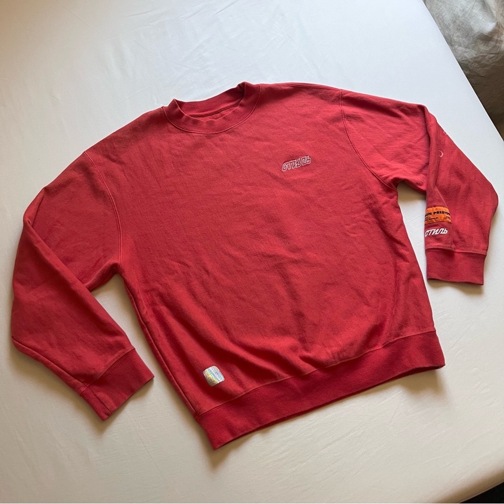 HERON PRESTON red orange crew neck patch logo cotton pullover sweater